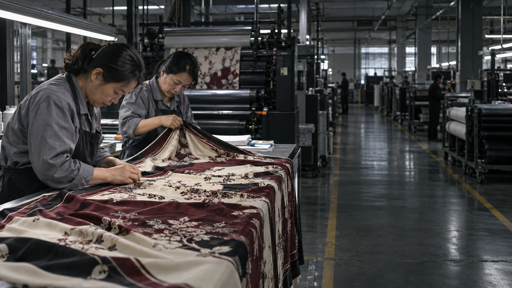 Asian textile quality inspectors checking a custom printed scarf in Shenzhen