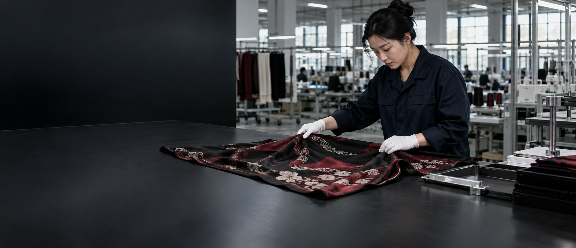 Asian quality specialist inspecting a printed headscarf