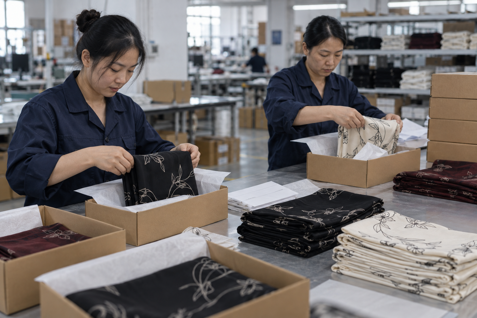 Asian factory workers packing finished custom headscarves into cartons