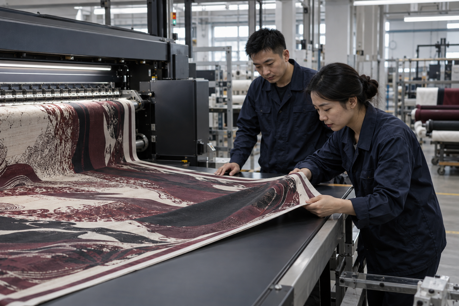 Asian technicians checking a custom scarf print run in the Shenzhen factory